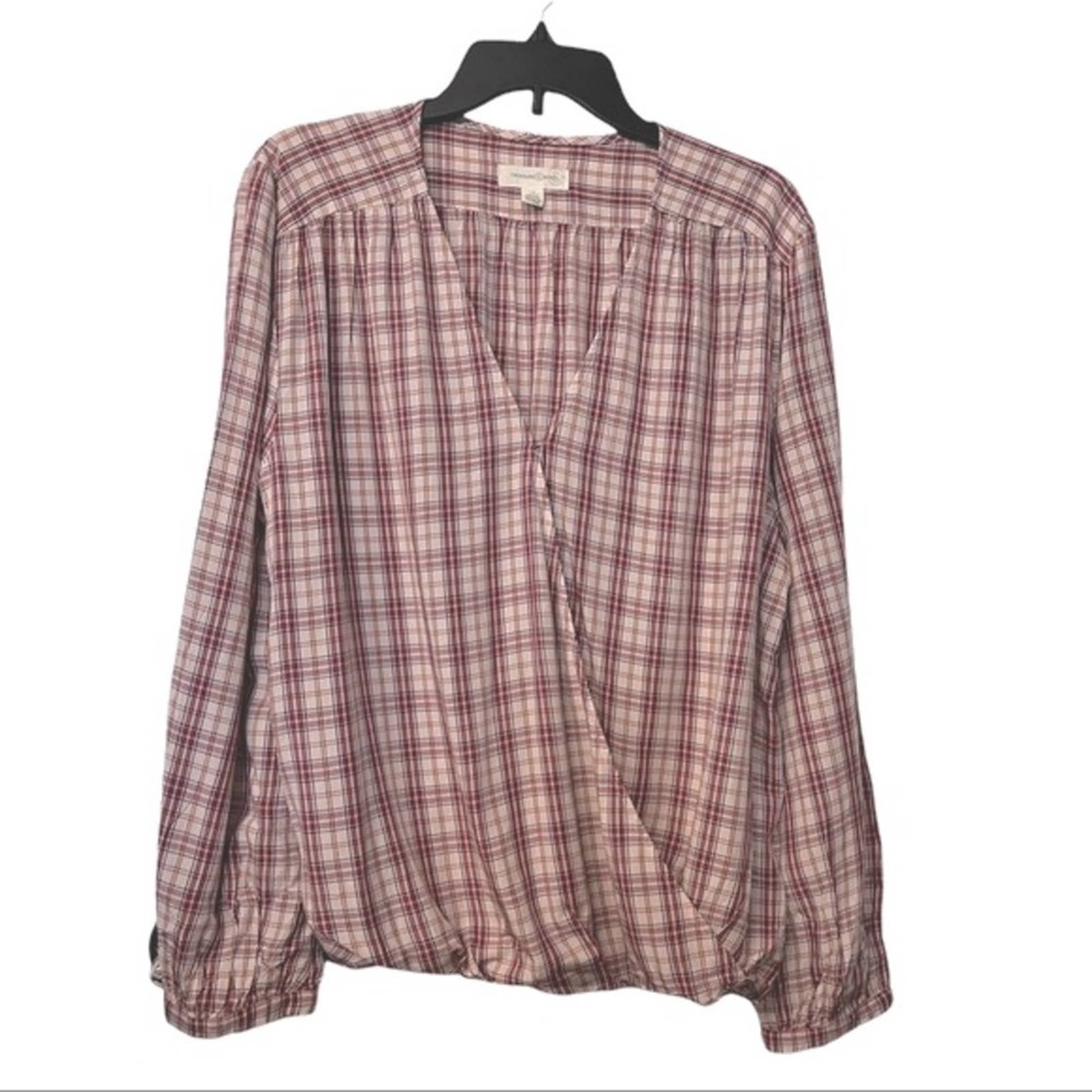 Treasure Bond Blouse Pull Over Plaid‎ Check Long Sleeve Rayon  Faux Wrap Top 1X